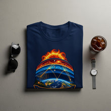 Load image into Gallery viewer, Dark blue t-shirt with sun and Earth graphic showing atmospheric layers labeled FED.
