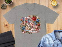 Load image into Gallery viewer, Gray t-shirt with "USA" in American flag motif surrounded by flowers, "250 Years of Freedom" ribbon.
