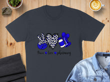 Load image into Gallery viewer, Peace love pharmacy graphic on a dark grey t-shirt.
