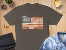 Load image into Gallery viewer, Brown t-shirt with a distressed American flag design made of fabric scraps.
