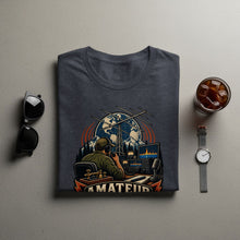 Load image into Gallery viewer, Dark gray t-shirt with amateur radio operator graphic and text "AMATEUR" below.
