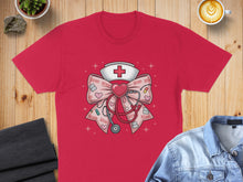 Load image into Gallery viewer, Red t-shirt with a nurse hat, stethoscope, and heart graphic with "XOXO".
