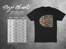 Load image into Gallery viewer, Next Level 3600 t-shirt size chart with "Hospice Nurse" graphic.
