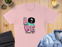 Load image into Gallery viewer, Pink t-shirt with "LOVE" graphic featuring a woman and butterflies.

