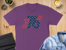 Load image into Gallery viewer, Purple t-shirt with "76" design in stars and stripes pattern.

