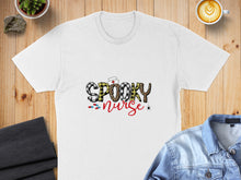 Load image into Gallery viewer, White t-shirt with "Spooky Nurse" text in playful, Halloween-themed font.
