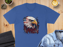 Load image into Gallery viewer, Blue t-shirt with distressed American flag and eagle graphic.
