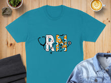 Load image into Gallery viewer, Teal t-shirt with "RN" design featuring a stethoscope, eyeball, and spiders.
