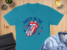 Load image into Gallery viewer, Teal t-shirt with "Party in the USA" and American flag tongue graphic.
