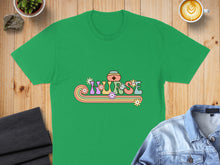 Load image into Gallery viewer, Green t-shirt with "Nurse" text in a retro floral design.
