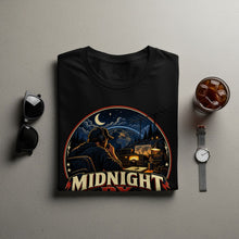 Load image into Gallery viewer, Black t-shirt with "Midnight DX" graphic featuring a ham radio operator at night.

