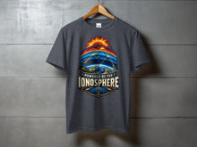 Load image into Gallery viewer, Dark gray t-shirt with a graphic of Earth, sun, and the text "POWERED BY THE IONOSPHERE".
