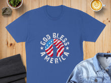 Load image into Gallery viewer, Blue t-shirt with "God Bless America" text and a circular US flag design.
