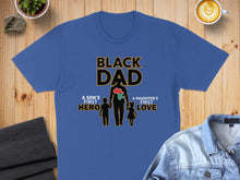 Load image into Gallery viewer, Black Dad shirt with son and daughter silhouettes and African map.
