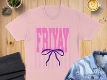 Load image into Gallery viewer, Pink t-shirt with "FRIYAY" text and a purple bow graphic.
