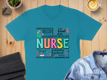 Load image into Gallery viewer, Teal t-shirt with "Nurse" in large colorful letters surrounded by related words and icons.
