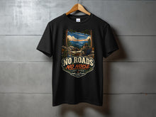 Load image into Gallery viewer, Black t-shirt with "No Roads No Noise Just Radio" graphic featuring a scenic mountain view.
