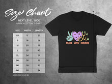 Load image into Gallery viewer, Size chart for Next Level 3600 unisex cotton t-shirt with measurements in inches.
