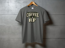 Load image into Gallery viewer, Gray t-shirt with "Powered by Coffee and RF" graphic and coffee cup icon.
