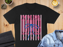 Load image into Gallery viewer, Black t-shirt with "I'M THE COOL TEACHER THEY TOLD YOU ABOUT" text and blue bow.
