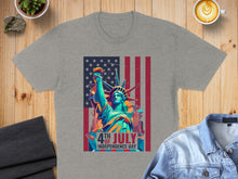 Load image into Gallery viewer, T-shirt featuring Statue of Liberty and American flag with "4th of Independence Day" text.
