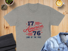 Load image into Gallery viewer, Gray t-shirt with "1776 Land of the Free" text in red and blue.
