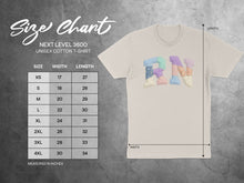 Load image into Gallery viewer, Size chart for Next Level 3600 unisex cotton t-shirt with RN graphic.
