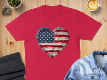 Load image into Gallery viewer, Red t-shirt with distressed American flag heart graphic.
