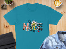 Load image into Gallery viewer, Teal t-shirt with "NURSE" in large, colorful, patterned letters.
