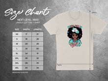 Load image into Gallery viewer, T-shirt size chart with measurements for unisex cotton t-shirts.
