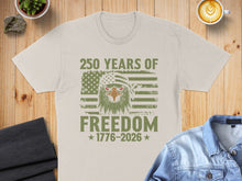 Load image into Gallery viewer, Distressed eagle wearing bandana in front of American flag, "250 YEARS OF FREEDOM 1776-2026".
