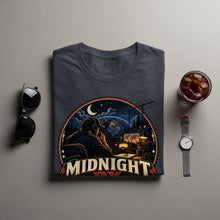 Load image into Gallery viewer, T-shirt graphic of person using radio equipment with "MIDNIGHT DX" text.
