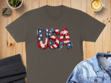 Load image into Gallery viewer, Brown t-shirt with "USA" in patriotic flag-style lettering.

