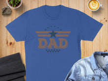 Load image into Gallery viewer, Blue t-shirt with "DAD" text, star, and wings graphic.

