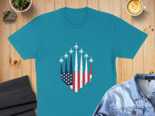Load image into Gallery viewer, Teal t-shirt with American flag and fighter jets graphic.
