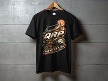 Load image into Gallery viewer, Black t-shirt with a QRP radio graphic and "FIVE WATTS IS PLENTY" text.
