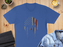 Load image into Gallery viewer, Blue t-shirt with distressed American flag Spartan helmet graphic.
