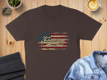 Load image into Gallery viewer, Brown t-shirt with distressed American flag and "Freedom" text.
