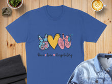 Load image into Gallery viewer, Blue t-shirt with peace sign, heart, and lungs graphic, text "Peace love Respiratory."
