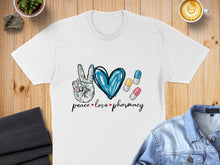 Load image into Gallery viewer, White t-shirt with hand peace sign, heart, and pills with "peace love pharmacy" text.
