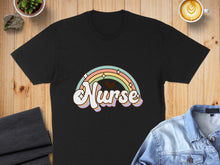 Load image into Gallery viewer, Black t-shirt with pastel rainbow and "Nurse" text.
