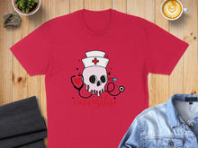 Load image into Gallery viewer, Red t-shirt with a pink skull nurse graphic and #nurselife text.
