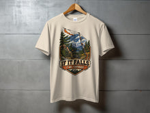 Load image into Gallery viewer, Cream t-shirt with camping graphic and text "IF IT FALLS IT WAS TEMPORARY".
