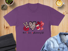 Load image into Gallery viewer, Purple t-shirt with peace sign, heart, and pharmacy graphics.
