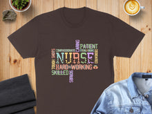 Load image into Gallery viewer, T-shirt with word cloud art forming "Nurse" with related words.
