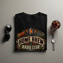 Load image into Gallery viewer, Black t-shirt with "HOME BREW RADIO CLUB" graphic and vintage radio components.
