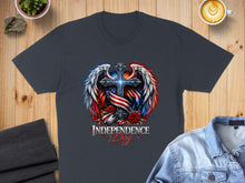 Load image into Gallery viewer, Cross with wings, roses, and American flag details, text "Independence Day".
