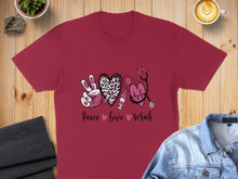 Load image into Gallery viewer, Maroon t-shirt with peace, love, and stethoscope design.
