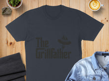Load image into Gallery viewer, Dark grey t-shirt with "The Grillfather" text and a fork with hot dogs graphic.
