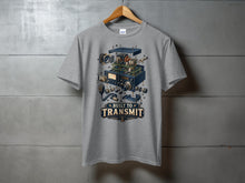 Load image into Gallery viewer, Gray t-shirt with exploded view of radio and "Built to Transmit" text.
